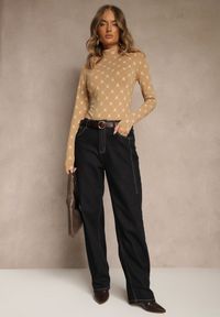 Renee - Beżowa Bluzka Longsleeve Półgolf z Bawełny Ozdobiona Geometrycznym Nadrukiem Zantila. Okazja: na co dzień. Kolor: beżowy. Materiał: bawełna. Długość rękawa: długi rękaw. Wzór: geometria, nadruk, aplikacja. Styl: elegancki, casual