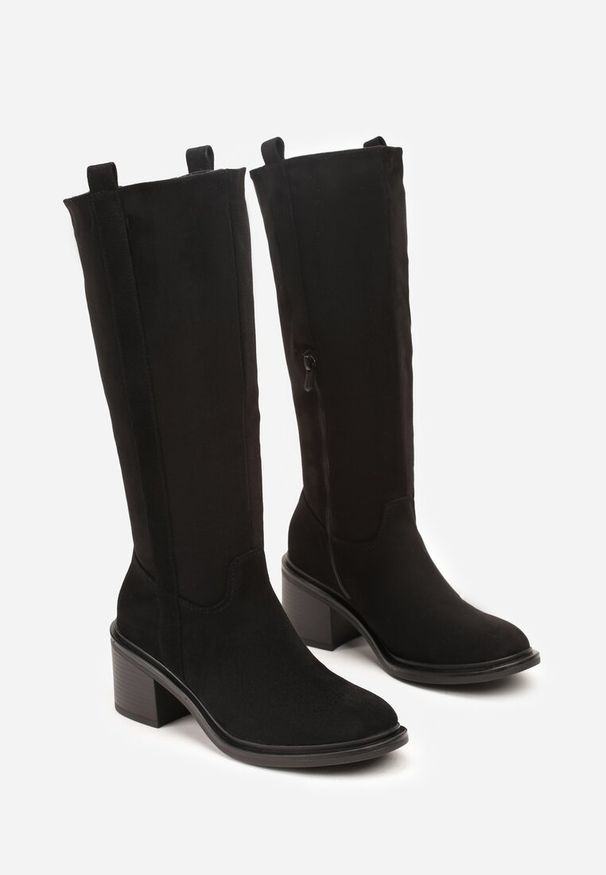 Born2be - Czarne Kozaki Oficerki Vices na Słupku z Ozdobnymi Panelami przy Cholewce Aforrive. Zapięcie: zamek. Kolor: czarny. Materiał: jeans. Szerokość cholewki: normalna. Obcas: na słupku