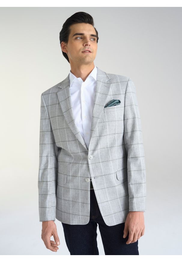 Pako Lorente - PAKO LORENTE – Jasnoszara marynarka męska w kratkę. Okazja: na co dzień. Kolor: szary. Wzór: kratka. Styl: elegancki, sportowy, casual