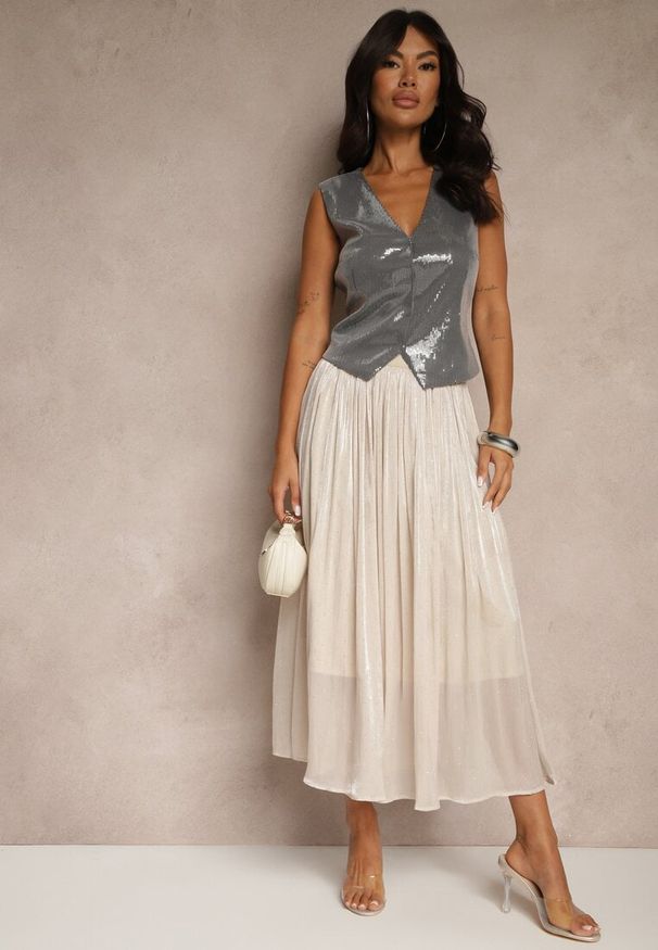 Renee - Beżowa Spódnica o Rozkloszowanym Kroju z Ozdobnymi Cyrkoniami Folaressa. Okazja: na co dzień. Kolor: beżowy. Wzór: aplikacja. Styl: casual, elegancki