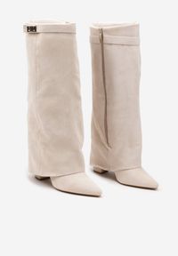 Born2be - Beżowe Kozaki na Słupku z Wywiniętą Cholewką Gafsena. Okazja: na co dzień. Kolor: beżowy. Materiał: jeans. Szerokość cholewki: normalna. Obcas: na słupku. Styl: casual. Wysokość obcasa: średni #3