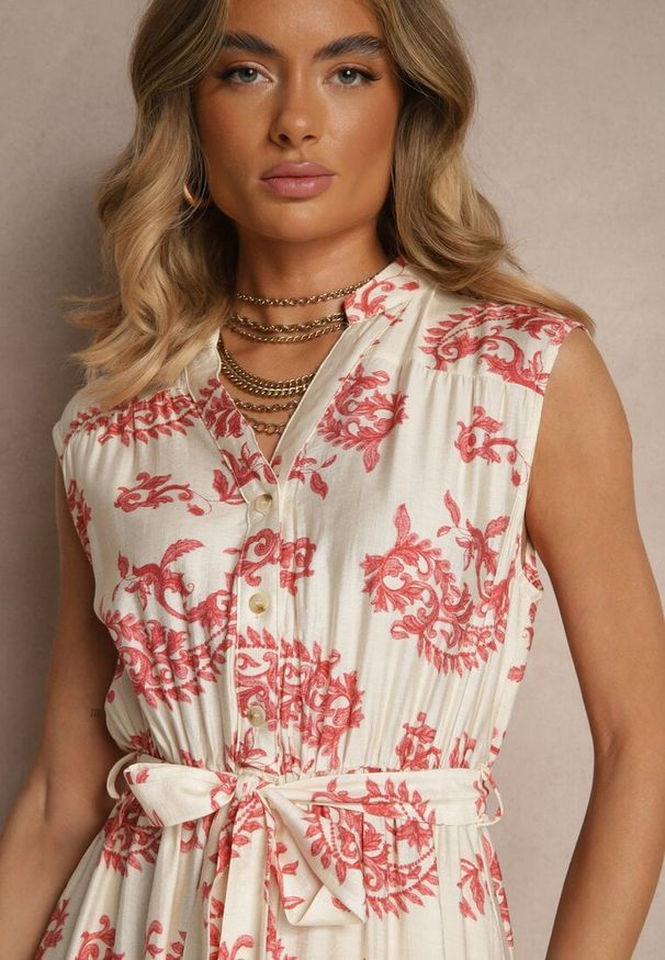 Renee - Beżowo-Różowa Sukienka z Wiskozy z Paskiem i Abstrakcyjnym Wzorem Rinalora. Okazja: na co dzień, na spacer. Kolor: różowy. Materiał: wiskoza. Typ sukienki: proste. Styl: casual, elegancki