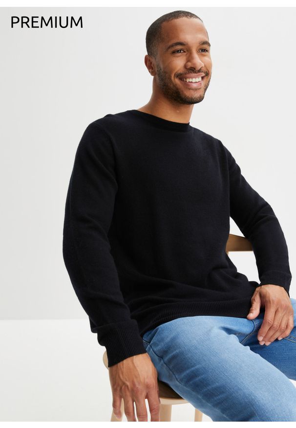 bonprix - Sweter wełniany z domieszką materiału Good Cashmere Standard®, okrągły dekolt. Kolor: czarny. Materiał: wełna, materiał. Styl: klasyczny