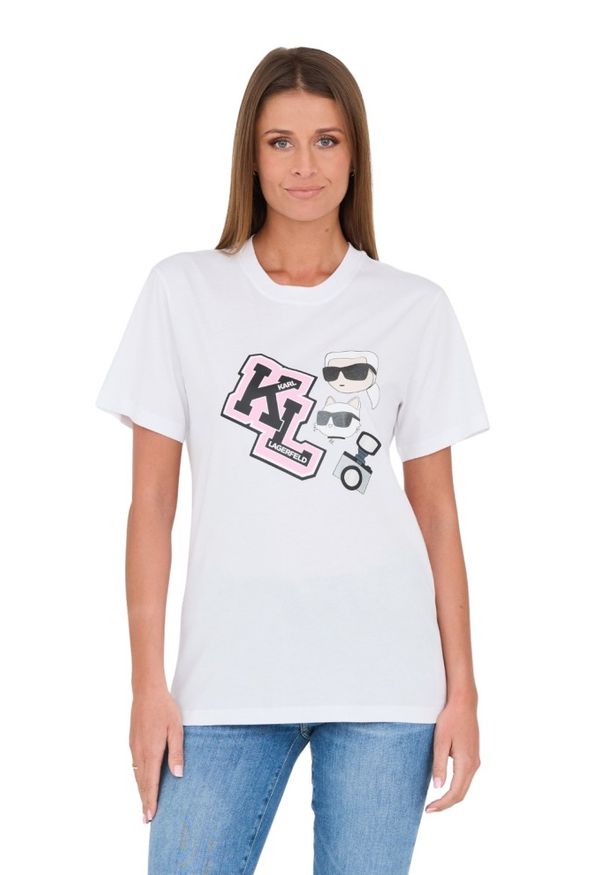 Karl Lagerfeld - KARL LAGERFELD Biały damski t-shirt Ikonik Varsity Tee, Rozmiar M. Kolor: biały. Materiał: bawełna
