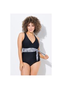 ULLA POPKEN - Damski Strój kąpielowy dekolt typu halter miękkie miseczki kokarda. Kolekcja: plus size. Kolor: czarny. Materiał: elastan, poliamid, materiał