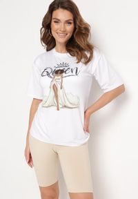 Born2be - Beżowy Komplet T-shirt z Nadrukiem i Kolarki z Wysokim Stanem Jannesca. Kolor: beżowy. Materiał: tkanina. Wzór: nadruk #2