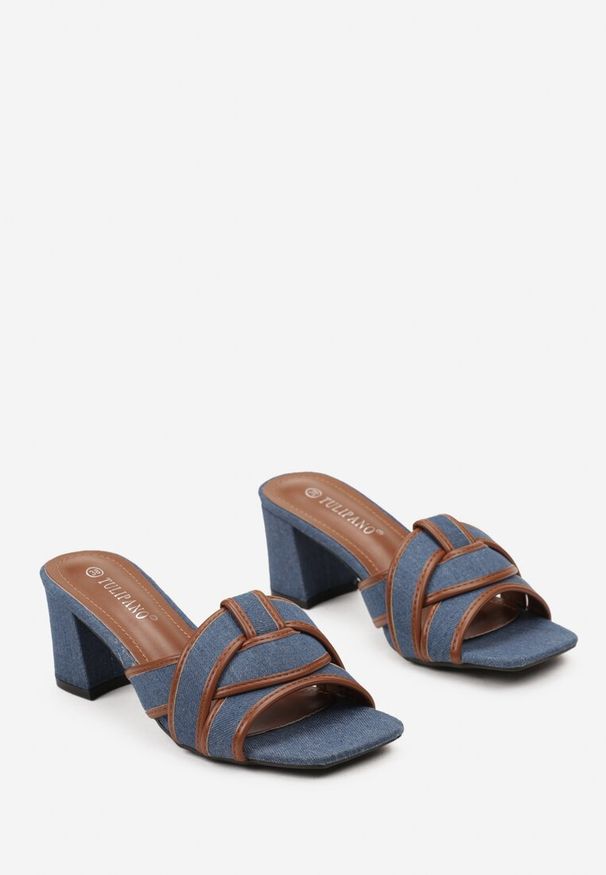 Born2be - Niebieskie Klapki z Materiału na Słupku z Ozdobnym Paskiem Afehia. Kolor: niebieski. Materiał: materiał. Obcas: na słupku. Wysokość obcasa: średni