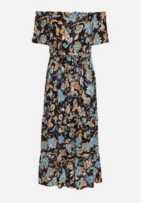 Born2be - Czarno-Niebieska Sukienka z Hiszpańskim Dekoltem z Wiązanym Paskiem w Kwiaty z Bawełny Rissanique. Okazja: na co dzień. Kolor: czarny. Materiał: bawełna. Wzór: kwiaty. Sezon: lato. Typ sukienki: rozkloszowane. Styl: elegancki, casual #6