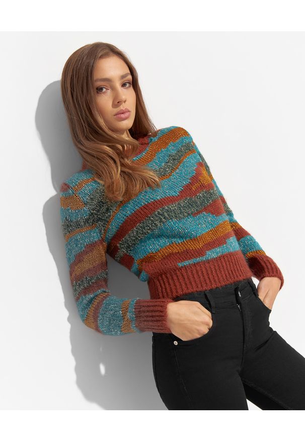 Pinko - PINKO - Dzianinowy sweter Valsusa. Kolor: brązowy. Materiał: dzianina. Wzór: kolorowy, ze splotem