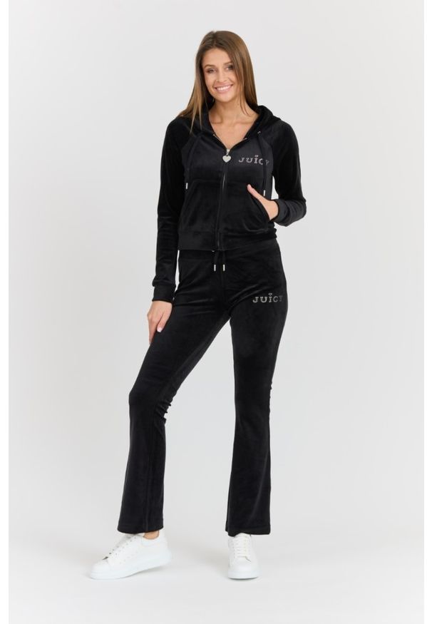 Juicy Couture - JUICY COUTURE Damska czarna bluza Regal Madison Hoodie. Okazja: na co dzień. Kolor: czarny. Materiał: poliester, materiał, elastan. Długość rękawa: długi rękaw. Długość: długie. Styl: elegancki, casual