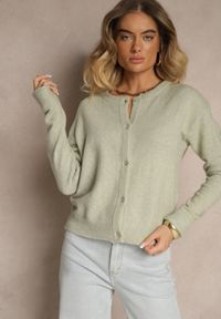 Renee - Jasnozielony Klasyczny Kardigan z Zaokrąglonym Dekoltem Reonira. Okazja: na co dzień. Kolor: zielony. Materiał: jeans. Styl: klasyczny
