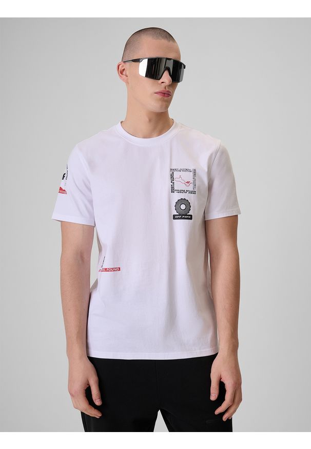 4f - 4F T-shirt regular z nadrukiem męski - biały S. Okazja: na co dzień. Kolor: biały. Materiał: dzianina, materiał, bawełna. Wzór: nadruk. Styl: casual, klasyczny