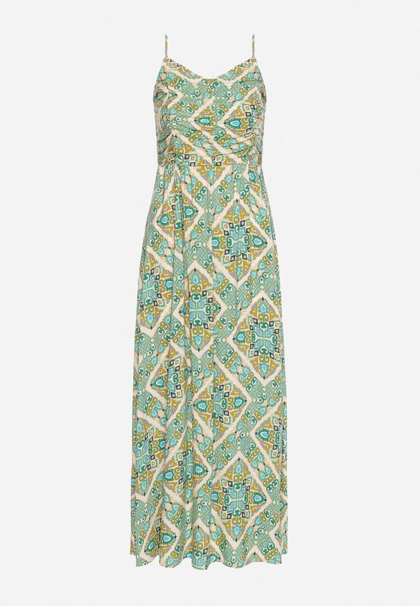 Born2be - Zielona Wiskozowa Sukienka na Regulowanych Ramiączkach z Gumkami w Pasie Ysilla. Okazja: na co dzień. Typ kołnierza: dekolt w kształcie V. Kolor: zielony. Materiał: wiskoza. Długość rękawa: na ramiączkach. Sezon: lato. Styl: casual, klasyczny