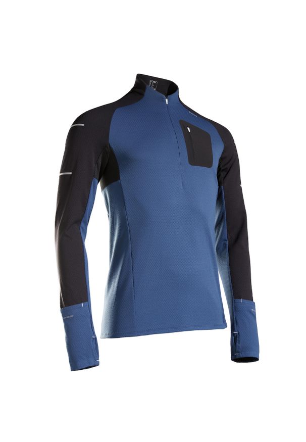 KIPRUN - Bluza do biegania męska Kiprun Warm Light cienka ocieplana. Kolor: niebieski, wielokolorowy, czarny. Materiał: materiał, poliester, elastan. Sezon: zima. Sport: fitness