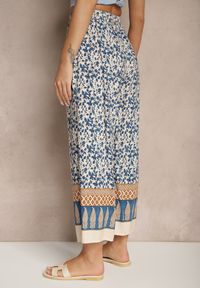 Renee - Niebieskie Spodnie z Bawełny High Waist z Abstrakcyjnym Wzorem Lisathiela. Okazja: na co dzień. Stan: podwyższony. Kolor: niebieski. Materiał: bawełna. Styl: casual