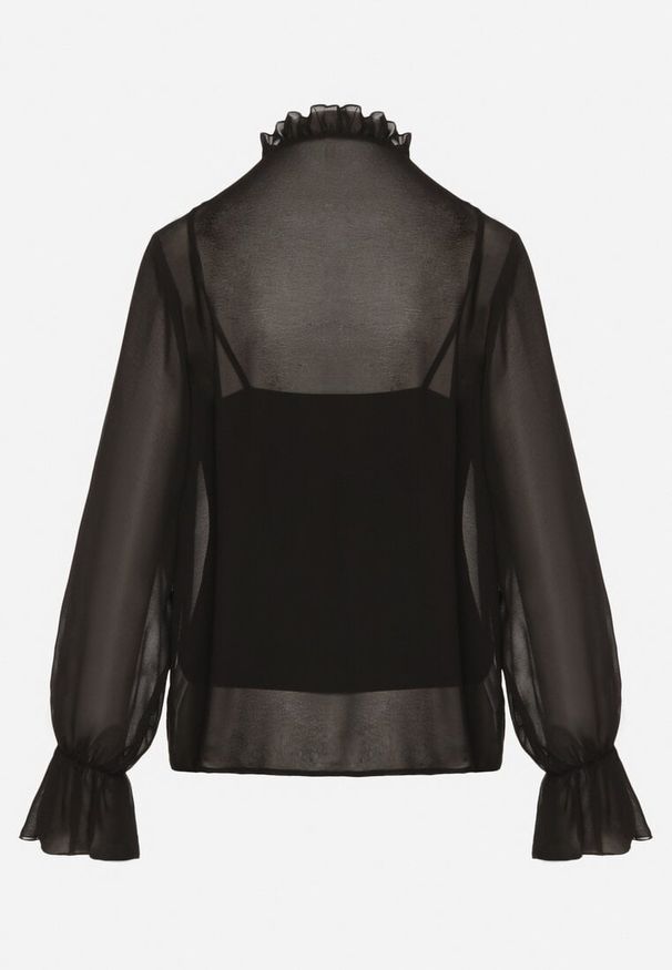 Born2be - Czarna Koszula VICES z Siateczki z Falbankami i Wiązaniem Zeveira. Typ kołnierza: kołnierz z falbankami. Kolor: czarny. Materiał: jeans, materiał. Długość rękawa: na ramiączkach. Styl: klasyczny