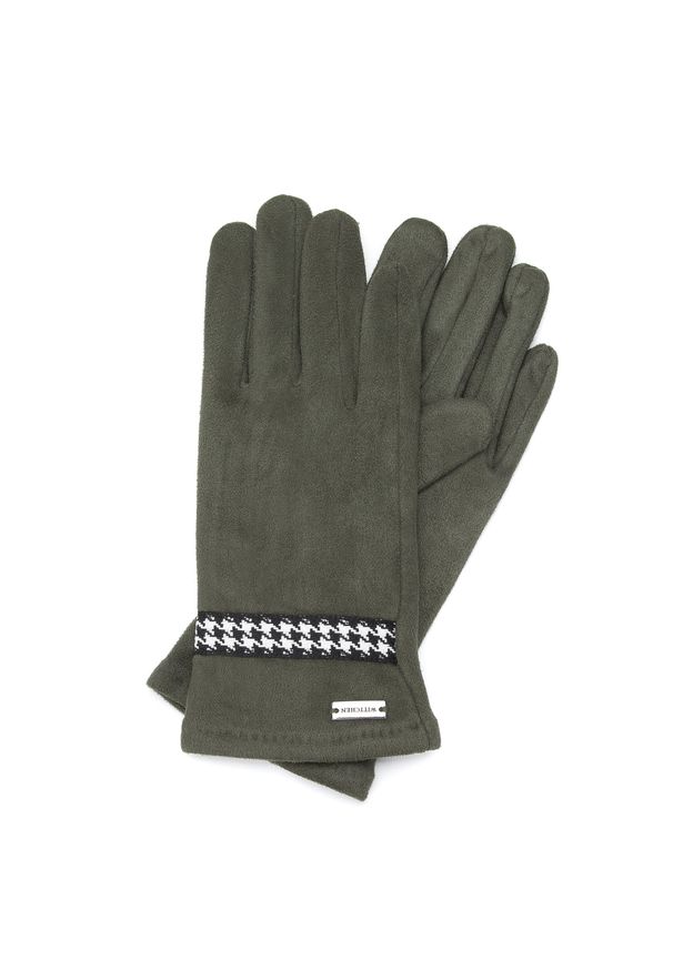 Wittchen - Damskie rękawiczki z wykończeniem w pepitkę ciemna zieleń. Kolor: zielony. Materiał: poliester. Styl: retro, klasyczny, casual, elegancki