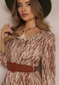 Renee - Brązowa Sukienka z Gumką w Pasie Nossi. Typ kołnierza: dekolt w kształcie V. Kolor: brązowy. Materiał: materiał, tkanina. Styl: boho. Długość: maxi #3