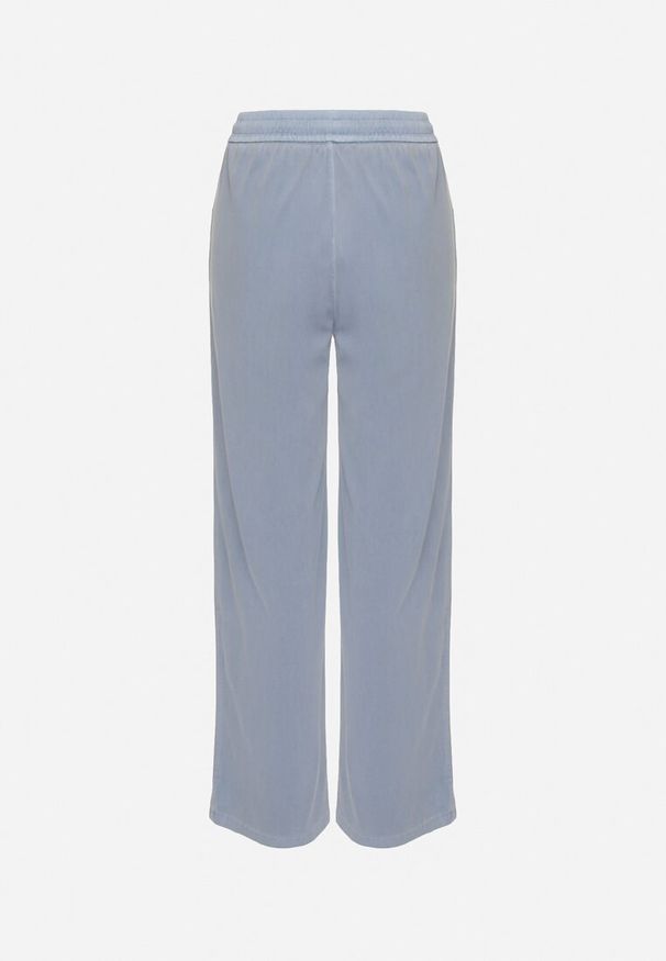 Born2be - Niebieskie Szerokie Spodnie Wiskozą i Bawełną Ozdobione Wiązaniem Orrienna. Okazja: na co dzień. Kolor: niebieski. Materiał: wiskoza, bawełna. Wzór: aplikacja. Styl: casual, klasyczny