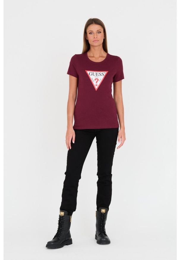 Guess - GUESS Bordowy damski t-shirt bawełniany Original Tee, Rozmiar S. Kolor: czerwony. Materiał: bawełna