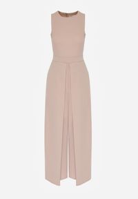 Born2be - Beżowy Elegancki Kombinezon z Ozdobnymi Zakładkami Zellysha. Okazja: na co dzień, na spotkanie biznesowe. Kolor: beżowy. Wzór: aplikacja. Styl: elegancki #5