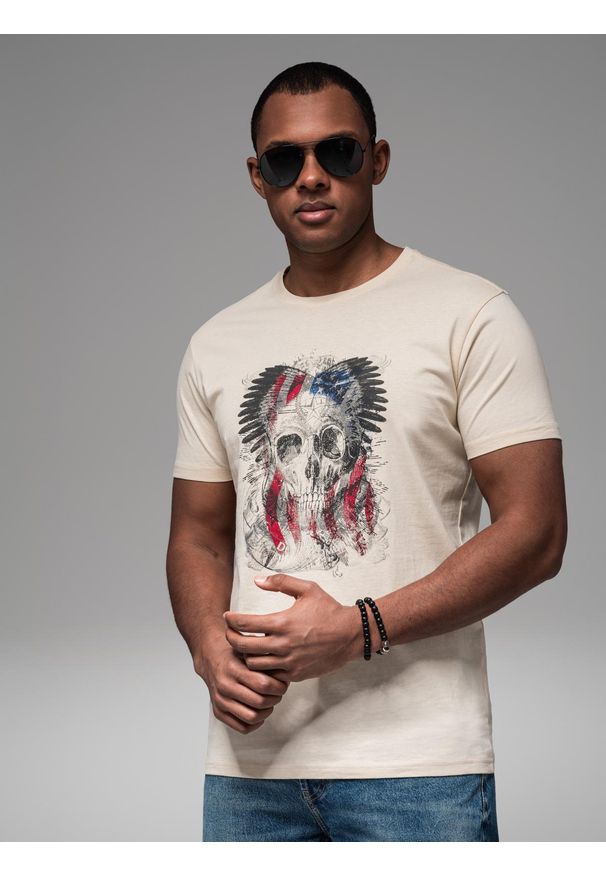 Ombre Clothing - Bawełniany t-shirt męski z nadrukiem w stylu rockowym – kremowy V1 OM-TSPT-0199 - XXL. Kolor: kremowy. Materiał: bawełna. Wzór: nadruk. Styl: rockowy