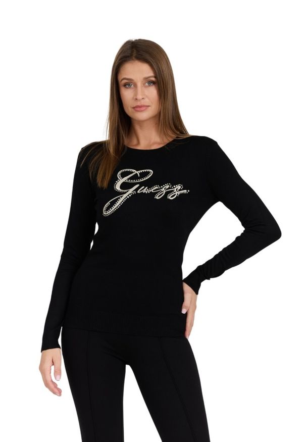 Guess - GUESS Czarny damski sweter Olive z haftowanym logo. Kolor: czarny. Materiał: wiskoza, materiał. Długość rękawa: długi rękaw. Długość: długie. Wzór: haft. Styl: klasyczny, elegancki