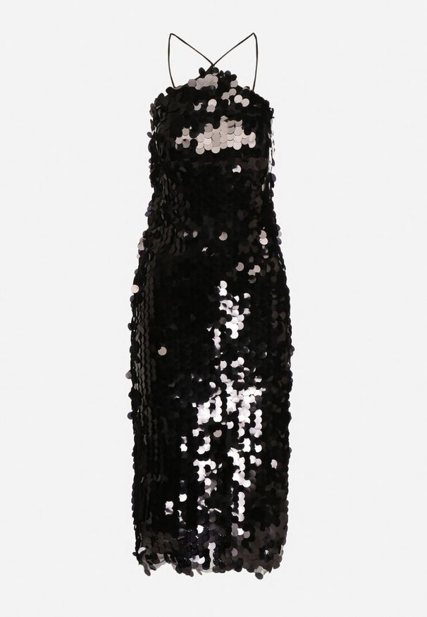 Born2be - Czarna Asymetryczna Sukienka Bogato Zdobiona Cekinami z Wiązaniem na Plecach Lericie. Kolor: czarny. Wzór: aplikacja. Typ sukienki: asymetryczne