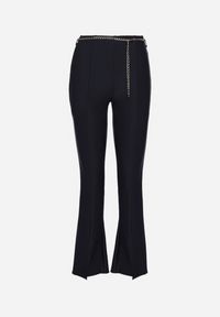 Born2be - Granatowe Eleganckie Spodnie Dzwony z Wysokim Stanem i Ozdobną Sprzączką Tevriana. Okazja: na spotkanie biznesowe. Stan: podwyższony. Kolor: niebieski. Materiał: bawełna, materiał. Styl: elegancki #2