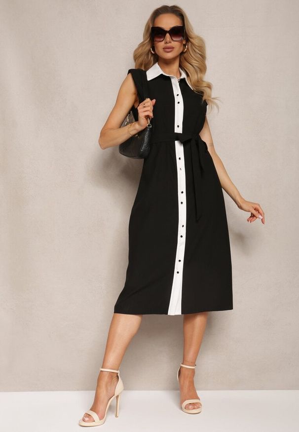 Renee - Czarna Elegancka Sukienka Koszulowa z Materiałowym Paskiem i Guzikami Ninelia. Kolor: czarny. Materiał: materiał. Sezon: lato. Typ sukienki: koszulowe. Styl: elegancki