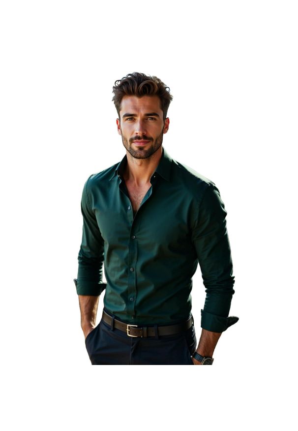 Modini - Ciemnozielona gładka koszula A69. Kolor: zielony. Materiał: poliester, bawełna, tkanina. Długość: długie. Wzór: gładki. Styl: klasyczny