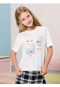 Sinsay - Bawełniana koszulka z nadrukiem motyli - kremowy. Kolor: kremowy. Materiał: bawełna. Wzór: nadruk #1