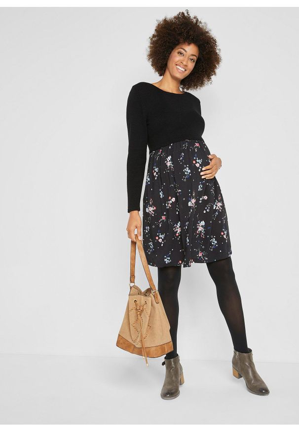 bonprix - Sukienka ciążowa z dzianiny i wiskozy. Kolekcja: moda ciążowa. Kolor: czarny. Materiał: dzianina, wiskoza. Wzór: kwiaty