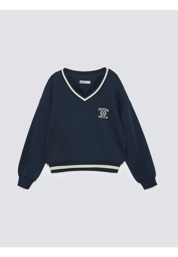 Big-Star - Bluza damska w stylu college z haftem z dekoltem v-neck granatowa Gabriella 403. Okazja: na uczelnię. Typ kołnierza: dekolt w serek. Kolor: niebieski. Materiał: jeans, dzianina. Wzór: haft. Styl: sportowy, elegancki, retro