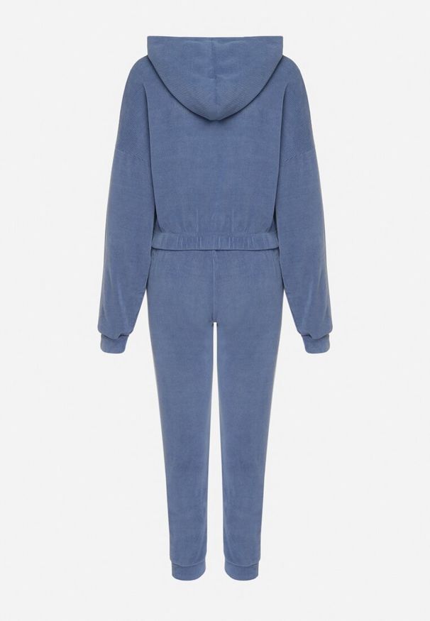 Born2be - Granatowy Komplet Dresowy z Bawełną Krótka Bluza z Kapturem i Spodnie z Gumką w Pasie Gesaria. Kolor: niebieski. Materiał: dresówka, bawełna
