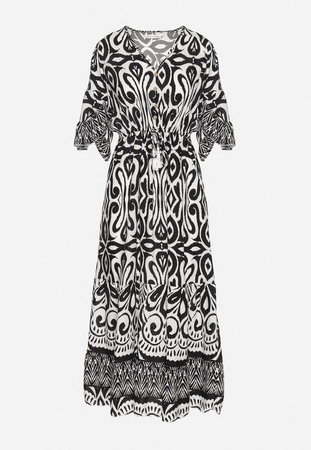 Born2be - Czarna Sukienka Bawełniana w Ornamentalny Wzór z Gumką w Talii Orrielle. Okazja: na co dzień. Typ kołnierza: dekolt w serek. Kolor: czarny. Materiał: bawełna. Typ sukienki: sportowe. Styl: casual, sportowy