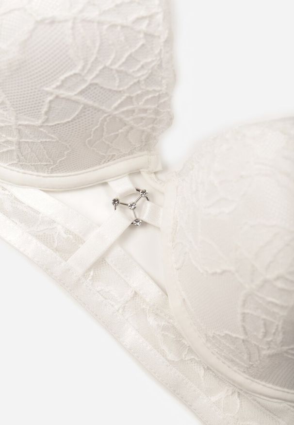 Renee - Jasnobeżowy Koronkowy Biustonosz w Klasycznym Stylu z Aplikacją Galinassa. Kolor: beżowy. Materiał: koronka. Wzór: aplikacja