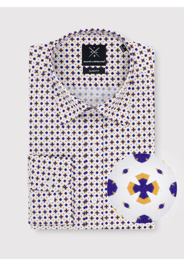 Pako Lorente - Biała koszula w niebiesko-żółty wzór P23WF-1X-018-B-S. Kolor: żółty, niebieski, wielokolorowy, biały. Materiał: bawełna, elastan