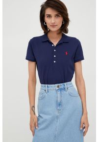 Polo Ralph Lauren polo damski kolor granatowy z kołnierzykiem. Typ kołnierza: polo. Kolor: niebieski. Długość rękawa: krótki rękaw. Długość: krótkie. Wzór: aplikacja #2