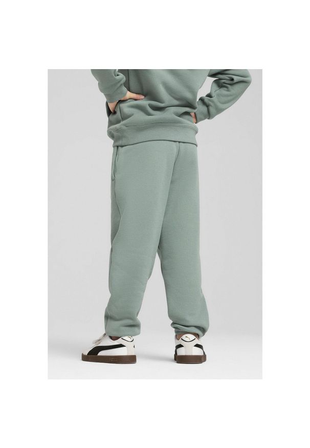 Puma - Dziecięce polarowe spodnie dresowe ESS z logo No. 1 PUMA Green Moon. Okazja: na co dzień. Kolor: zielony. Materiał: dresówka, polar. Wzór: nadruk. Styl: elegancki, casual