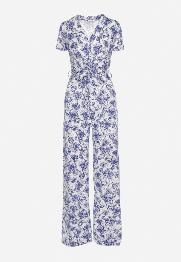 Born2be - Biało-Niebieski Kombinezon w Kwiaty z Krótkim Rękawem i Dekoltem w Serek z Długimi Nogawkami Nestaanne. Okazja: na co dzień. Kolor: biały. Materiał: jeans. Długość rękawa: krótki rękaw. Długość: krótkie. Wzór: kwiaty. Styl: casual, elegancki, wizytowy