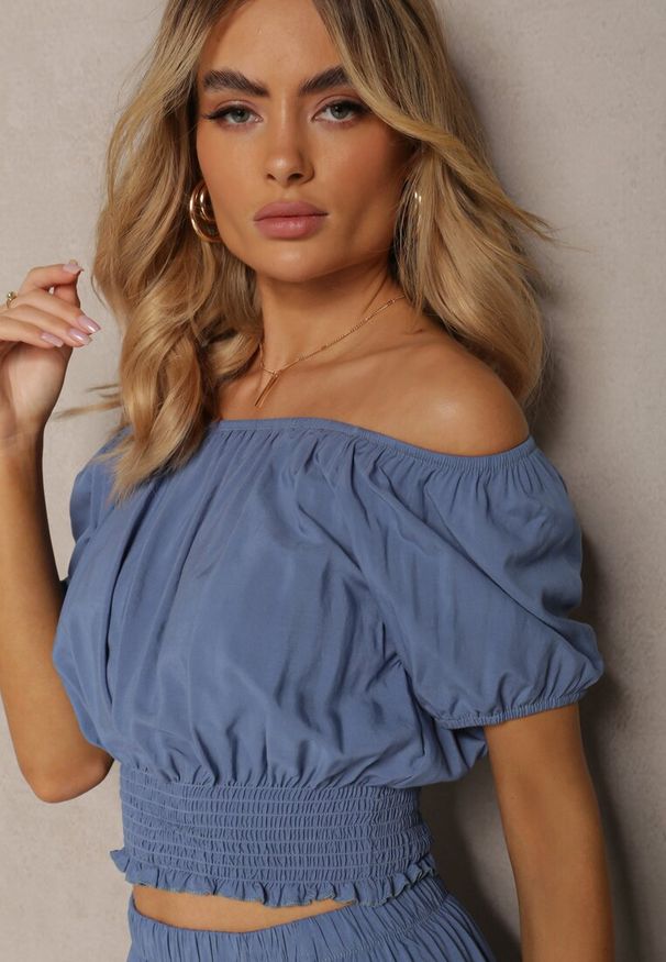 Renee - Niebieski Letni Komplet z Wiskozy z Rozkloszowaną Spódnicą i Bluzką z Hiszpańskim Dekoltem Rallissa. Kolor: niebieski. Materiał: wiskoza