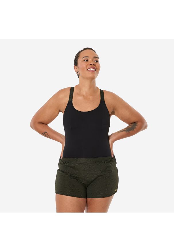 Decathlon - Strój jednoczęściowy do gimnastyki w wodzie damski Nabaiji Sofi Sono z szortami. Kolor: czarny, zielony, wielokolorowy