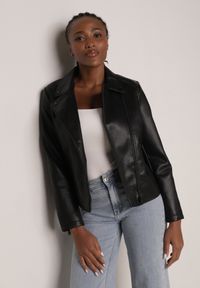 Born2be - Czarna Kurtka Ramoneska o Taliowanym Kroju z Suwakami przy Rękawach Harirra. Okazja: na co dzień. Kolor: czarny. Materiał: jeans, skóra, poliester. Styl: casual, klasyczny, elegancki #7