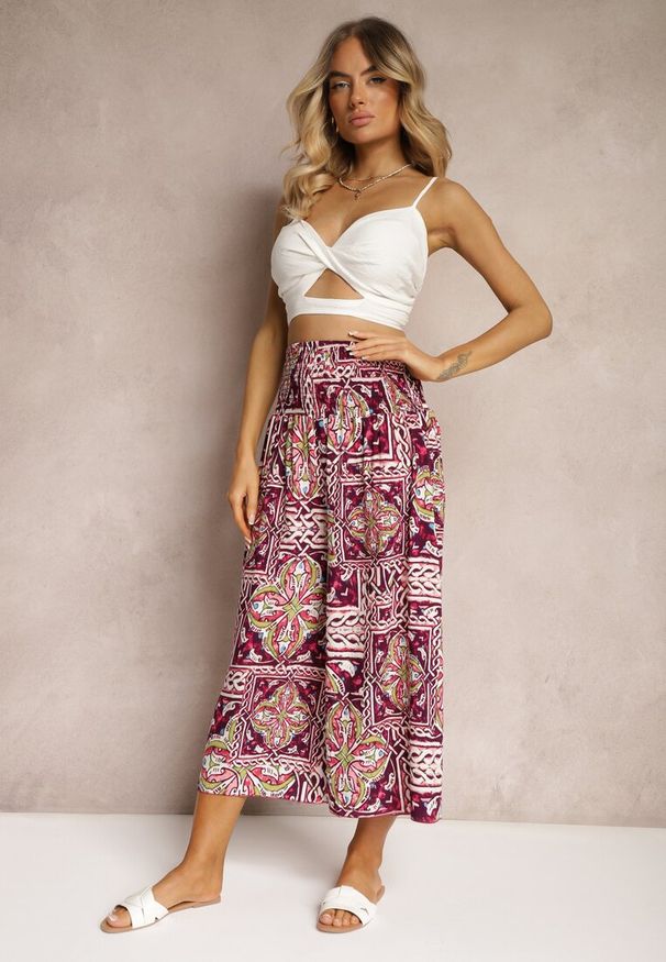 Renee - Fioletowe Spodnie Kuloty z Bawełny High Waist z Gumką w Pasie Palovia. Stan: podwyższony. Kolor: fioletowy. Materiał: bawełna. Sezon: lato