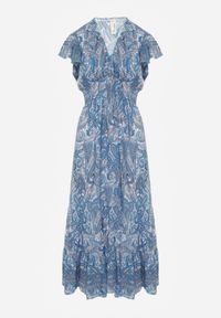 Renee - Niebieska Bawełniana Sukienka Paisley z Kopertowym Dekoltem z Falbaną i Gumką w Talii Brionea. Okazja: na co dzień. Typ kołnierza: dekolt kopertowy. Kolor: niebieski. Materiał: bawełna. Długość rękawa: krótki rękaw. Wzór: paisley. Typ sukienki: kopertowe. Styl: casual, elegancki #4