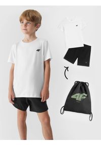 4F JUNIOR - Komplet sportowy szybkoschnący na WF (koszulka+spodenki+worek) chłopięcy. Kolor: wielokolorowy. Materiał: dzianina, materiał. Wzór: nadruk