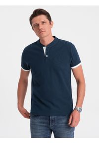 Ombre Clothing - Koszulka męska polo bez kołnierzyka - granatowa V4. Typ kołnierza: polo, bez kołnierzyka. Kolor: niebieski. Materiał: bawełna. Długość: długie #7