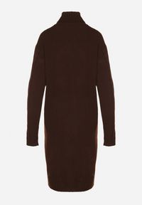 Born2be - Ciemnobrązowa Sweterkowa Sukienka z Golfem Wełną i Bawełną Ozdobiona Splotem Reiania. Okazja: na spotkanie biznesowe, do pracy, na co dzień. Typ kołnierza: golf. Kolor: brązowy. Materiał: wełna, bawełna. Wzór: ze splotem, aplikacja. Typ sukienki: proste. Styl: casual, biznesowy #3