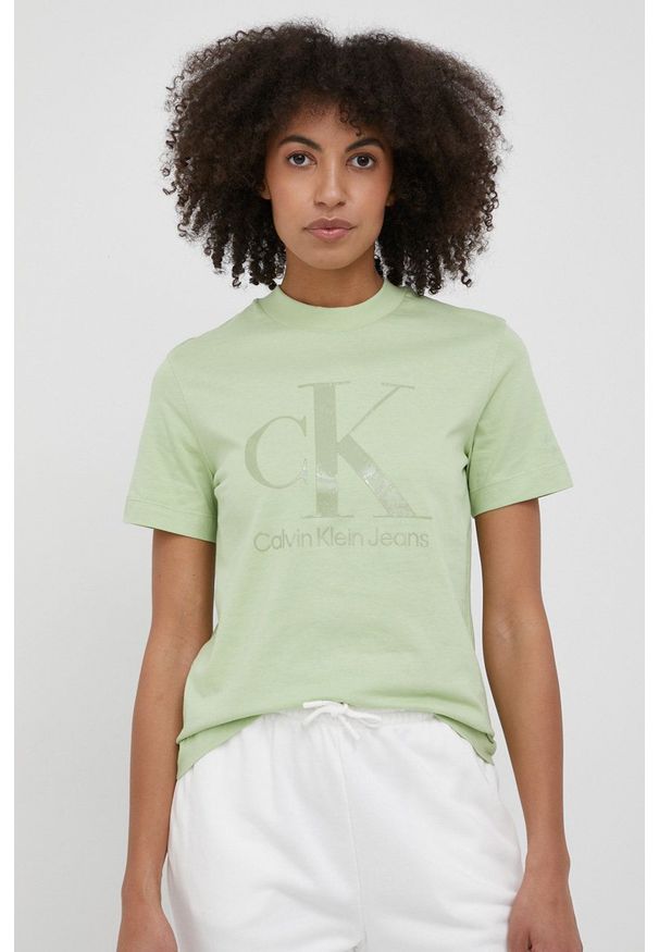 Calvin Klein Jeans t-shirt bawełniany J20J218264.PPYY kolor zielony. Kolor: zielony. Materiał: bawełna. Długość rękawa: krótki rękaw. Długość: krótkie. Wzór: nadruk